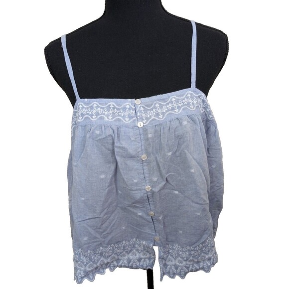 Joie Tank Top Blue Embroidered 100% Cotton Button Front Semi-Sheer Medium - Picture 1 of 12